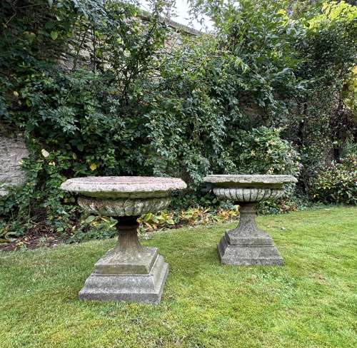 Large Pair of Campana Shaped Garden Urns on Stands