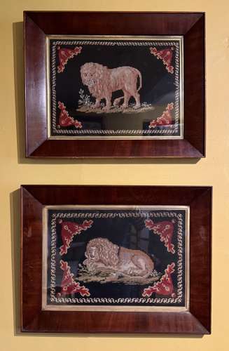 Pair of Woolwork Pictures of Lions circa 1840