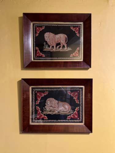 Pair of Woolwork Pictures of Lions circa 1840
