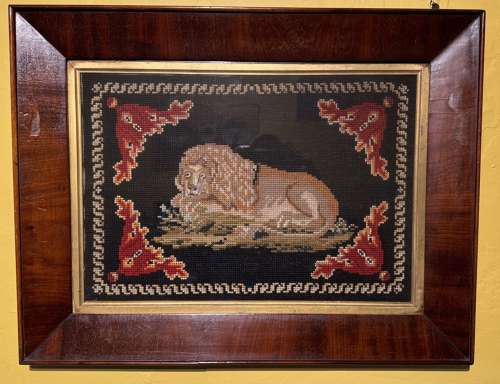 Pair of Woolwork Pictures of Lions circa 1840