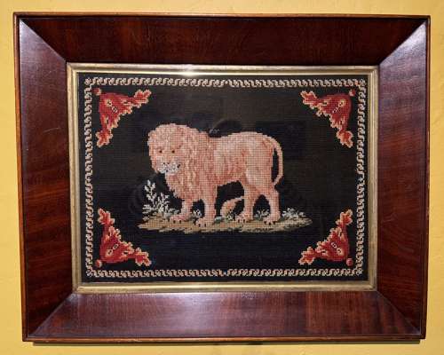 Pair of Woolwork Pictures of Lions circa 1840