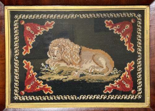 Pair of Woolwork Pictures of Lions circa 1840