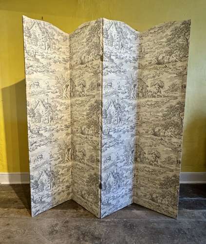 Vintage Four Fold Black & White Toile Covered Dressing Screen