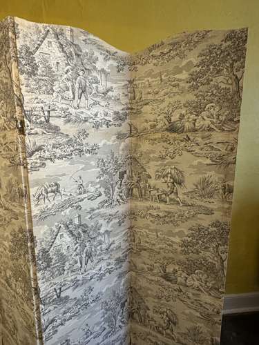 Vintage Four Fold Black & White Toile Covered Dressing Screen