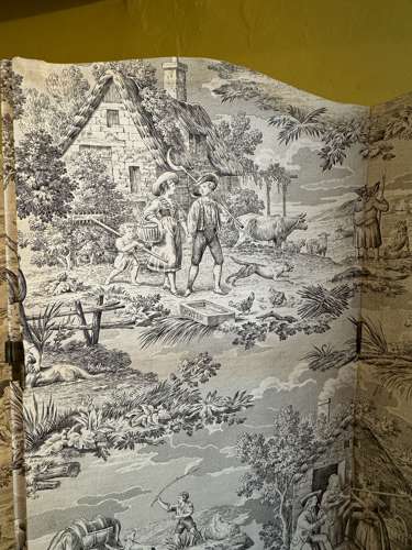 Vintage Four Fold Black & White Toile Covered Dressing Screen
