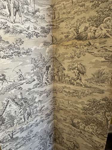 Vintage Four Fold Black & White Toile Covered Dressing Screen