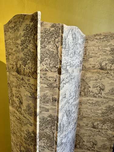 Vintage Four Fold Black & White Toile Covered Dressing Screen