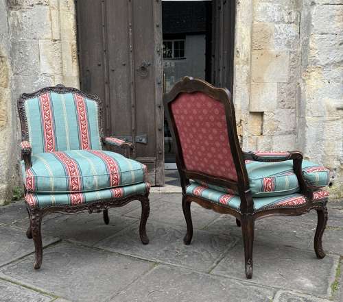 Antique French Louis XV Revival Carved Walnut Sofa & Armchairs
