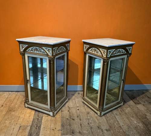 Pair of Victorian Glazed Shop Display Cabinets with Marble Tops
