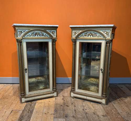 Pair of Victorian Glazed Shop Display Cabinets with Marble Tops