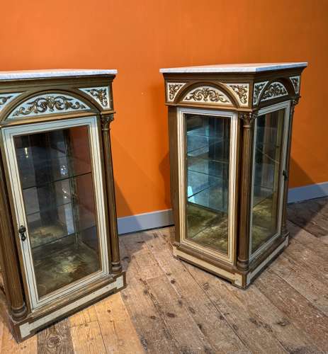 Pair of Victorian Glazed Shop Display Cabinets with Marble Tops