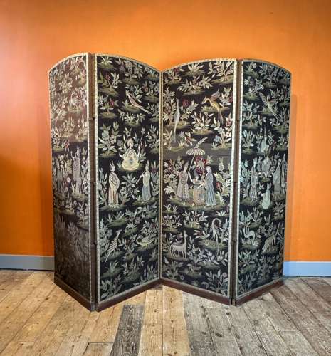 19th Century Chinoiserie Needlework Tapestry Four Fold Screen