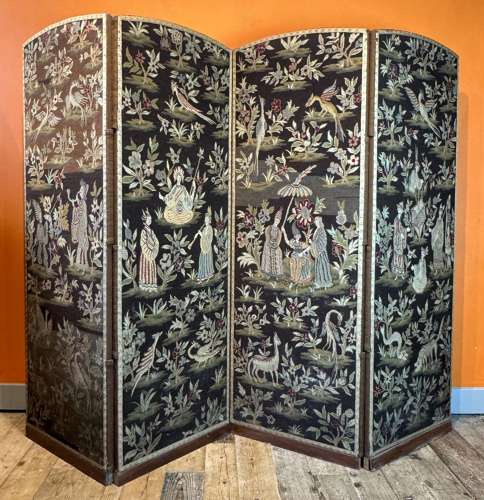 19th Century Chinoiserie Needlework Tapestry Four Fold Screen