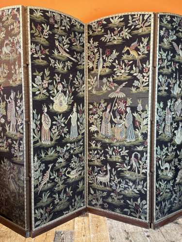 19th Century Chinoiserie Needlework Tapestry Four Fold Screen