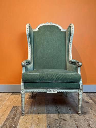 French Louis XVI Style Wingback Armchair in Original Paint