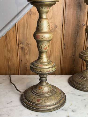 Large Pair of Benares Enamelled Brass Table Lamps