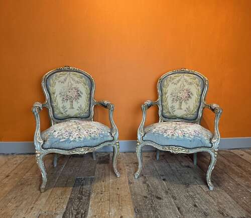 Pair of 19th Century French Painted & Parcel Gilt Chairs