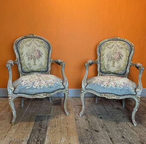 Pair of 19th Century French Painted & Parcel Gilt Chairs