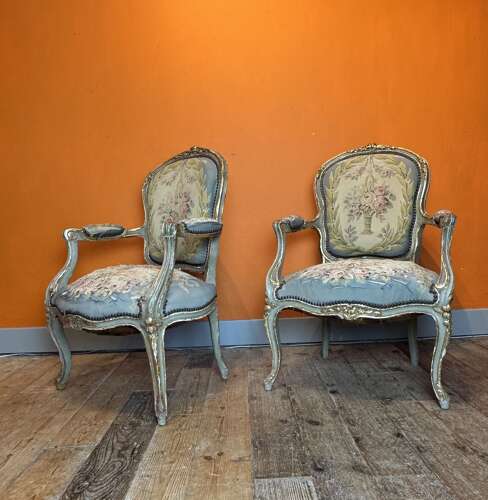Pair of 19th Century French Painted & Parcel Gilt Chairs