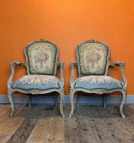 Pair of 19th Century French Painted & Parcel Gilt Chairs