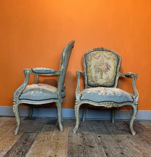 Pair of 19th Century French Painted & Parcel Gilt Chairs