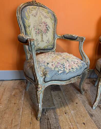 Pair of 19th Century French Painted & Parcel Gilt Chairs