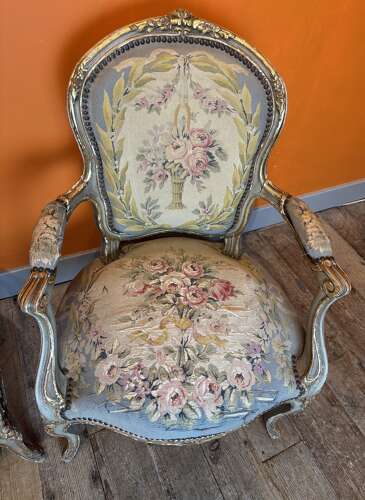 Pair of 19th Century French Painted & Parcel Gilt Chairs