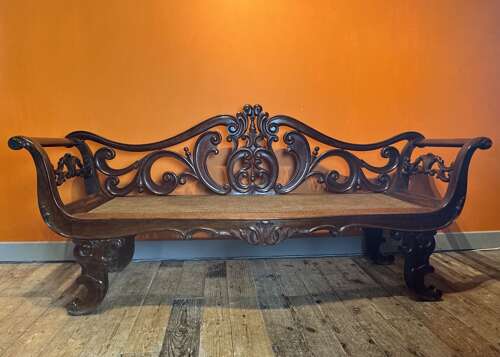 Anglo Indian Rosewood Scroll Back Bench circa 1840