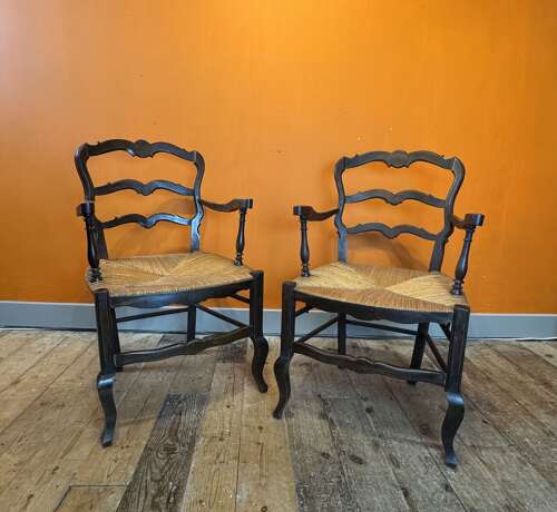 Pair of French Provencal Ladderback Rush Seated Armchairs