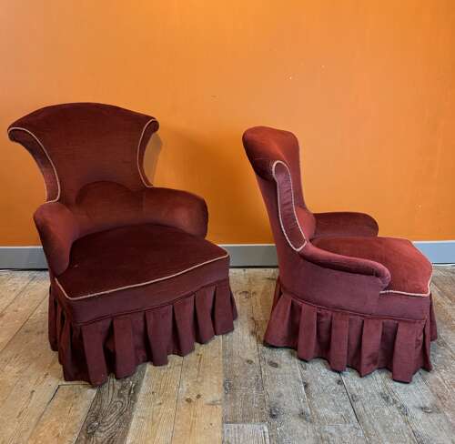 Pair of Victorian 'His &n Hers' Scroll Back Armchairs