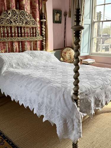 Antique French White Crochet Double Bed Cover