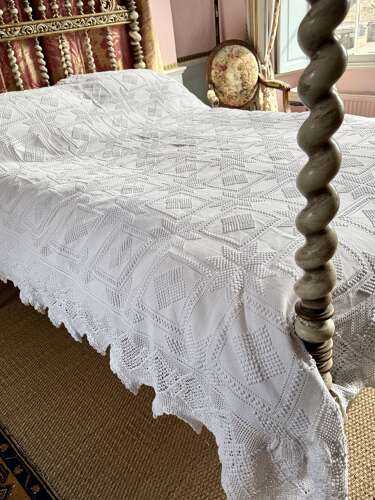 Antique French White Crochet Double Bed Cover
