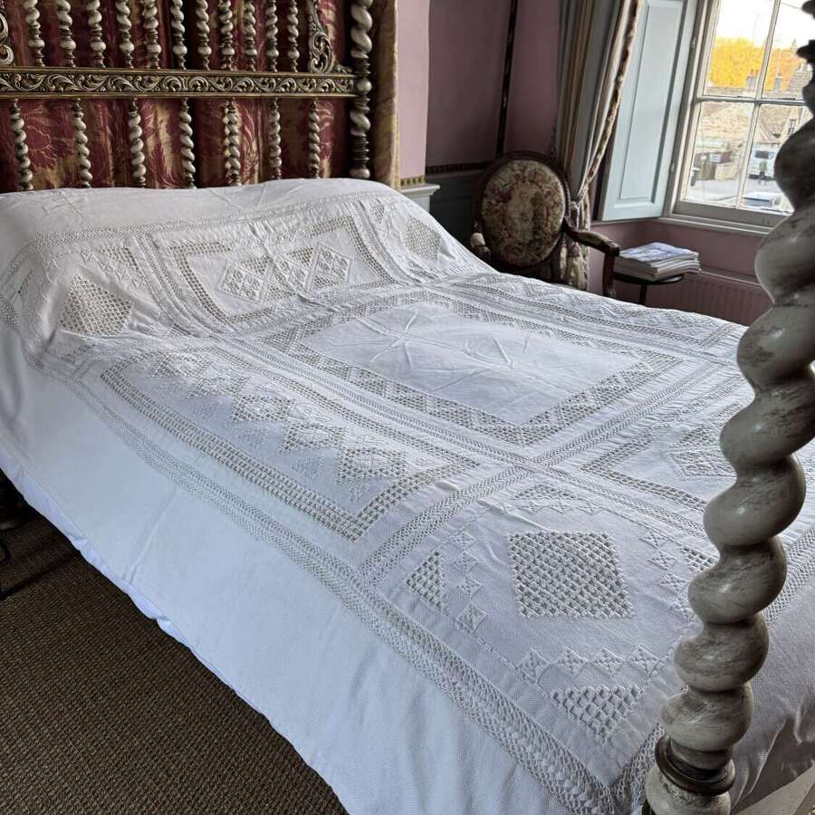 Antique Pulled-Thread Whitework Double Bed Cover