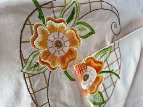 Art Deco Floral Hand Embroidered Double Bedspread