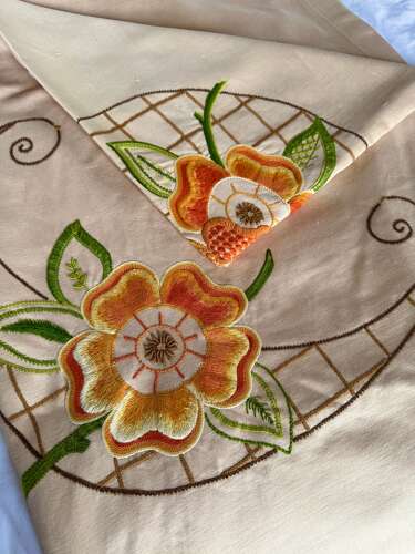 Art Deco Floral Hand Embroidered Double Bedspread