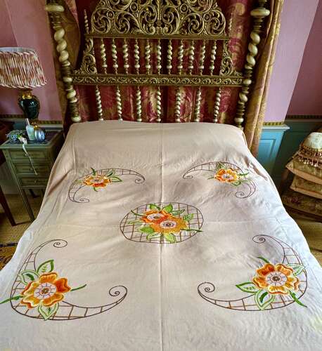 Art Deco Floral Hand Embroidered Double Bedspread