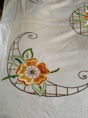 Art Deco Floral Hand Embroidered Double Bedspread