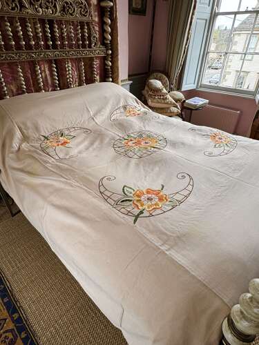 Art Deco Floral Hand Embroidered Double Bedspread