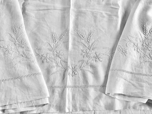 Antique French Embroidered Linen Sheet & Pillowcases