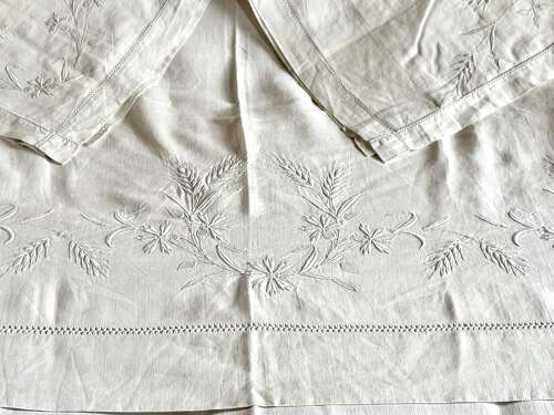 Antique French Embroidered Linen Sheet & Pillowcases