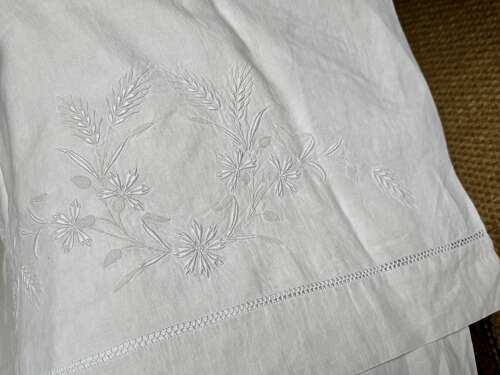 Antique French Embroidered Linen Sheet & Pillowcases