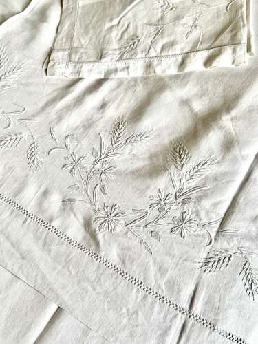 Antique French Embroidered Linen Sheet & Pillowcases