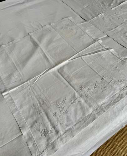 Antique French Embroidered Linen Sheet & Pillowcases