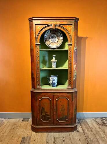 Antique Red Chinoiserie Corner Cupboard