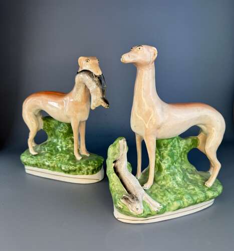 'Hares & Graces' - Large Pair of Victorian Staffordshire Greyhounds with Hares
