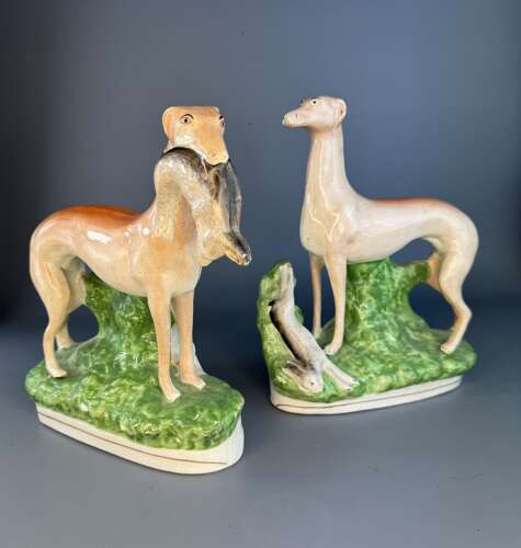 'Hares & Graces' - Large Pair of Victorian Staffordshire Greyhounds with Hares