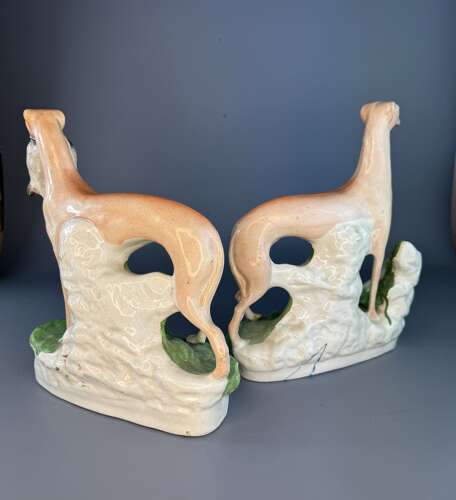 'Hares & Graces' - Large Pair of Victorian Staffordshire Greyhounds with Hares