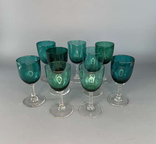 Nine Victorian Green Coloured Wine Glasses