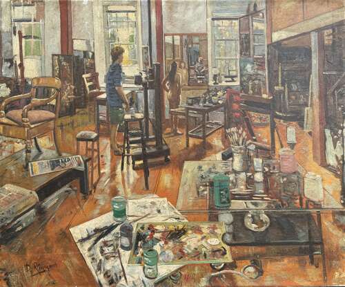 Artist with a Nude Model at Work in his Studio circa 1960, Oil on Canvas Signed lower left