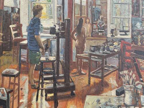 Artist with a Nude Model at Work in his Studio circa 1960, Oil on Canvas Signed lower left